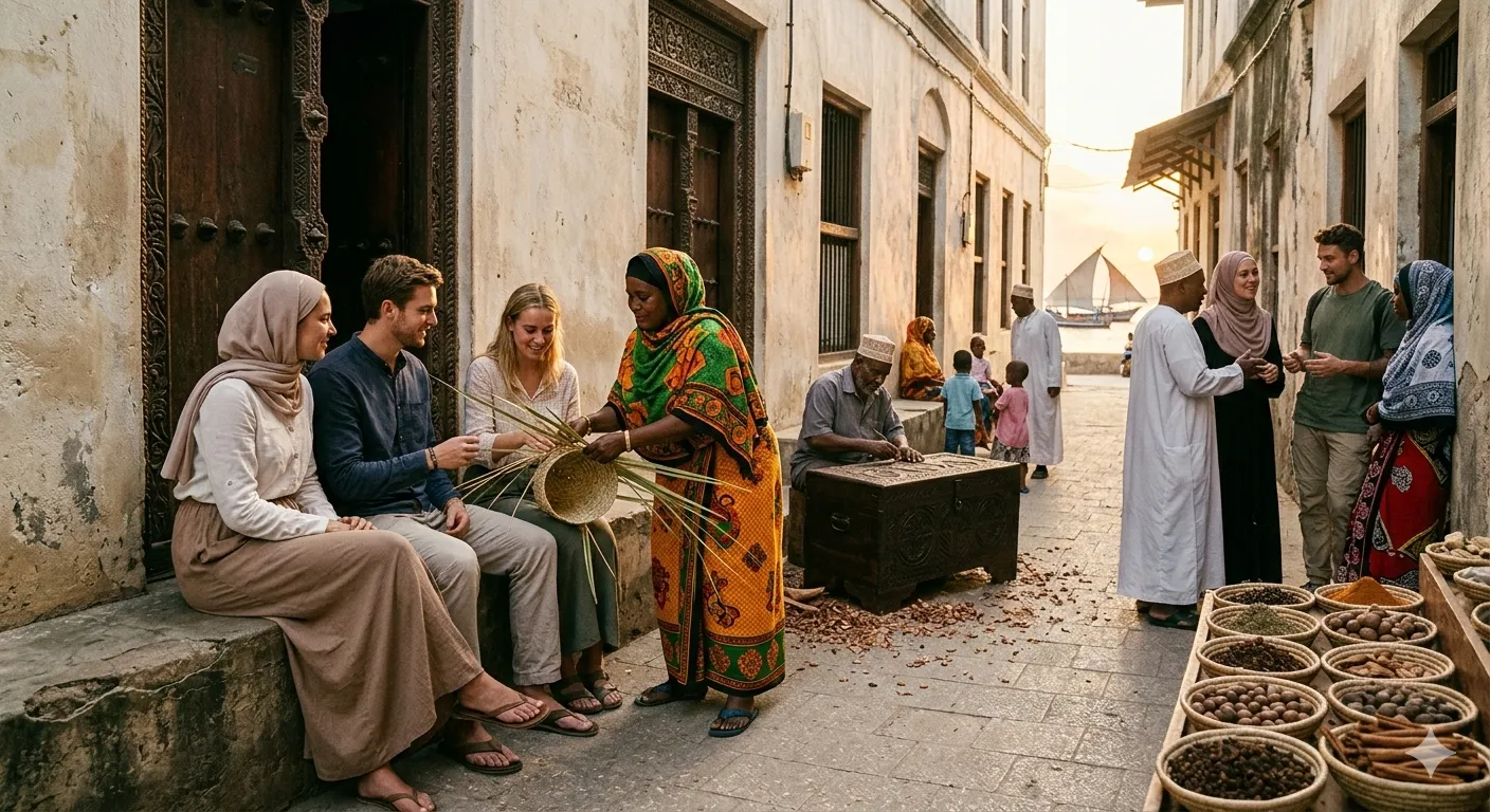 A group of diverse travelers sitting on a stone bench in a narrow Stone Town alley, interacting with a local Zanzibari woman in a vibrant orange and green kanga who is teaching them traditional palm leaf weaving. In the background, local men in white kanzu robes converse near a carved wooden door, and a dhow sail is visible against a sunset ocean at the end of the street.
