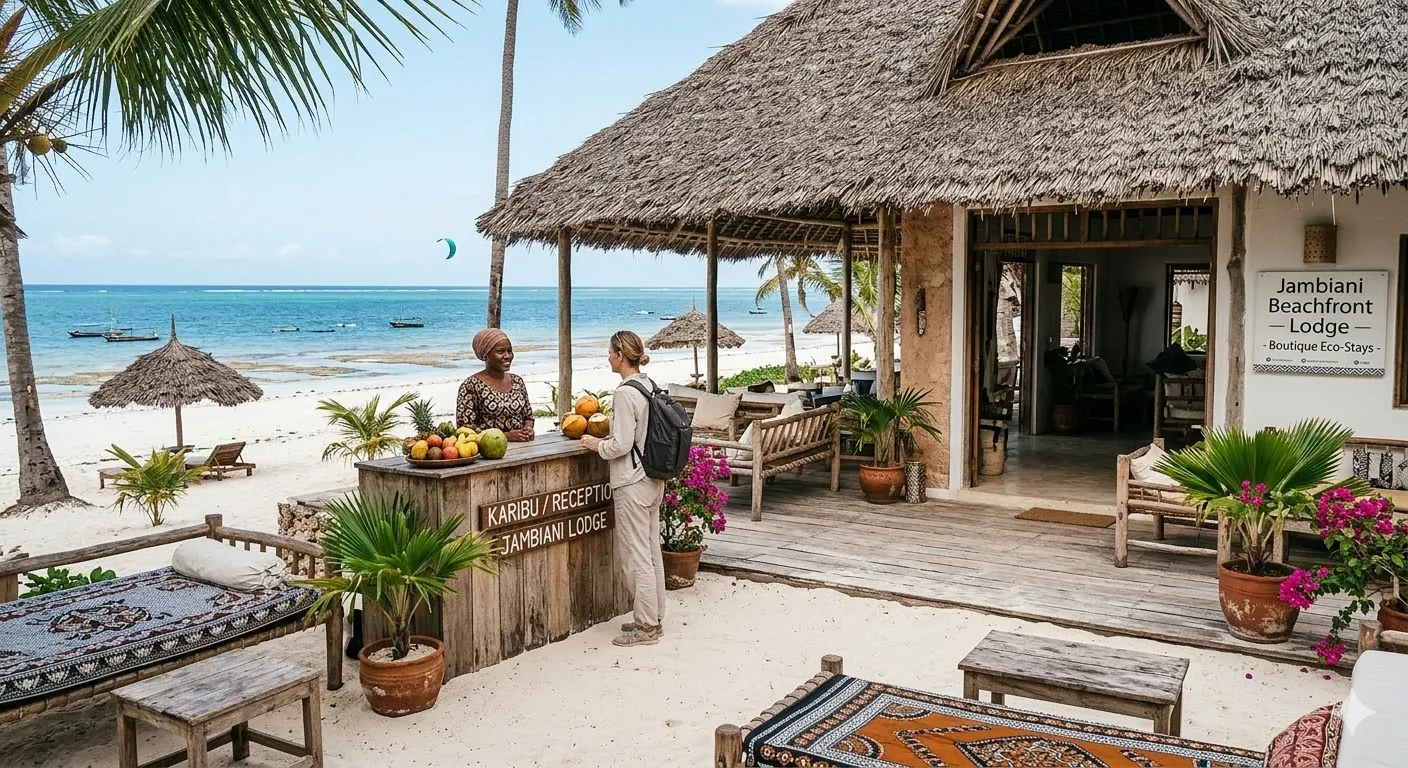 Where to Stay in Zanzibar: The Ultimate Guide to the Best Areas & Accommodations 1 A female guest is greeted by a local host at the wooden reception counter of a rustic, palm-thatched beach lodge on the sand, overlooking the turquoise Indian Ocean in Jambiani, Zanzibar. The lodge entrance is visible behind.