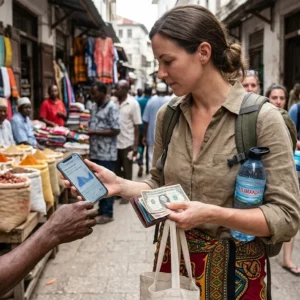 A female traveler in a modest olive shirt and a traditional Zanzibari kanga sarong wrapped around her waist stands in a busy Stone Town market. She is holding a smartphone showing a tide chart app in one hand and Tanzanian Shilling banknotes in her wallet in the other, while carrying a bottle of Kilimanjaro brand water. A local merchant in a kofia cap stands next to his spice stall in the background.