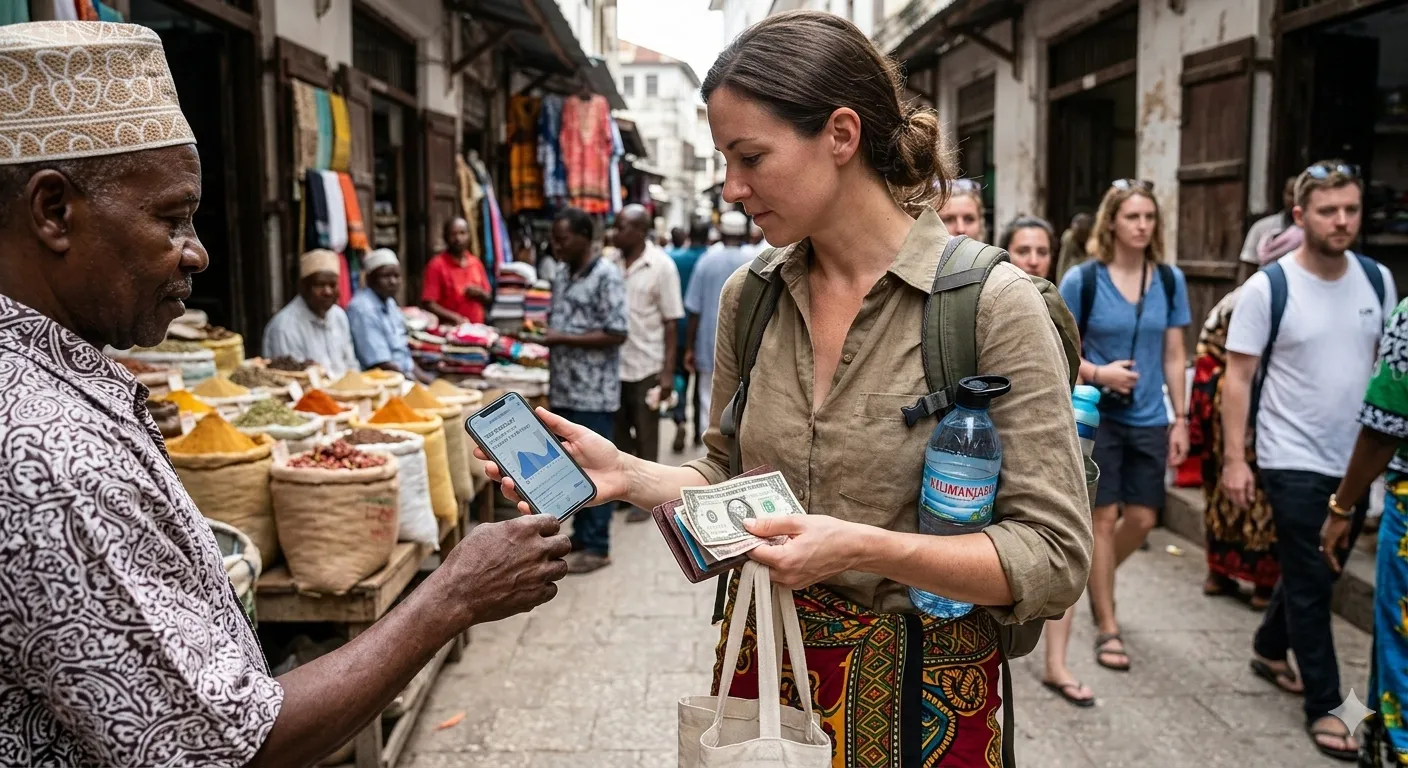 A female traveler in a modest olive shirt and a traditional Zanzibari kanga sarong wrapped around her waist stands in a busy Stone Town market. She is holding a smartphone showing a tide chart app in one hand and Tanzanian Shilling banknotes in her wallet in the other, while carrying a bottle of Kilimanjaro brand water. A local merchant in a kofia cap stands next to his spice stall in the background.