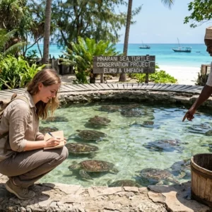 A young woman, a 'conscious traveler,' crouched at the edge of a natural tidal pool, observes numerous endangered green sea turtles. A local Zanzibari guide, wearing a traditional cap, is showing the turtles to her. They are at the Mnarani Marine Turtle Conservation Project in Nungwi, Zanzibar. The project's sign, in English and Swahili ("MNARANI SEA TURTLE CONSERVATION PROJECT" and "ELIMU & UHIFADHI"), is visible. The lush tropical background features a white sand beach and the vibrant turquoise Indian Ocean with a dhow boat.