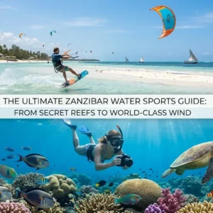 A composite image split horizontally. The top half shows high-angle photos of multiple kitesurfers and traditional dhow boats sailing on clear turquoise waters in a Zanzibar beach bay under a blue sky. The bottom half shows detailed underwater photos of a snorkeler swimming past a sea turtle and tropical fish in a vibrant coral reef teeming with marine life. A central text box contains the title: "THE ULTIMATE ZANZIBAR WATER SPORTS GUIDE: FROM SECRET REEFS TO WORLD-CLASS WIND". Both sections are based on real-world locations in Zanzibar.