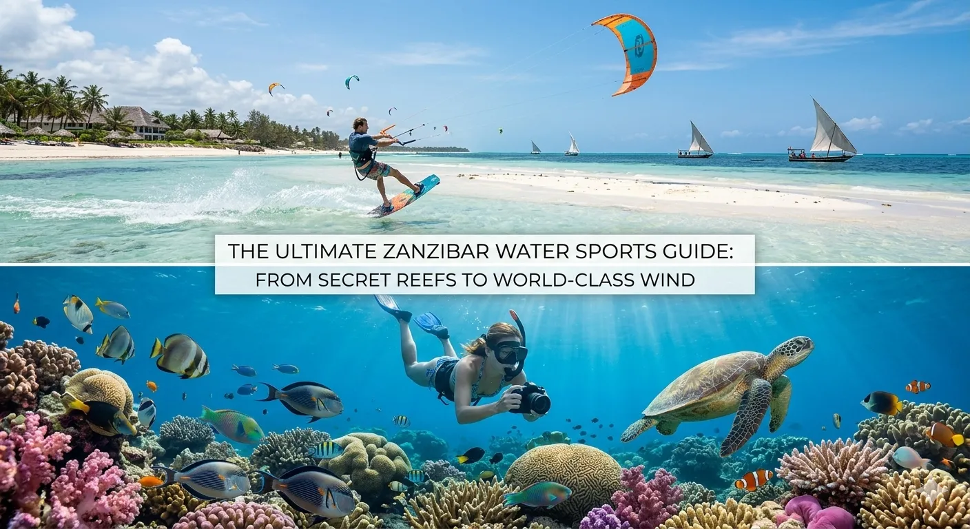 The Ultimate Zanzibar Water Sports Guide: From Secret Reefs to World-Class Wind 1 A composite image split horizontally. The top half shows high-angle photos of multiple kitesurfers and traditional dhow boats sailing on clear turquoise waters in a Zanzibar beach bay under a blue sky. The bottom half shows detailed underwater photos of a snorkeler swimming past a sea turtle and tropical fish in a vibrant coral reef teeming with marine life. A central text box contains the title: "THE ULTIMATE ZANZIBAR WATER SPORTS GUIDE: FROM SECRET REEFS TO WORLD-CLASS WIND". Both sections are based on real-world locations in Zanzibar.