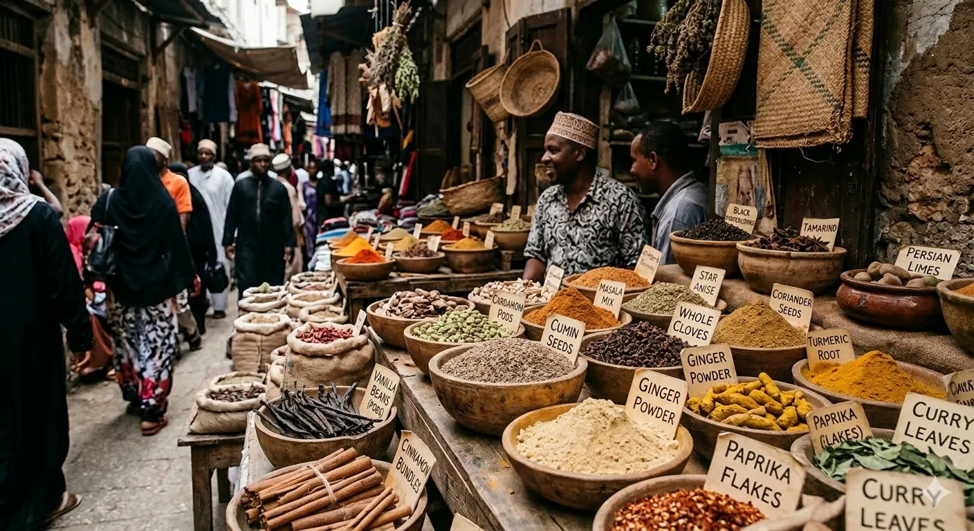A busy street in the heart of Stone Town, Zanzibar, where a merchant sells various spices from a stand. The market is filled with vibrant colors and smells of exotic spices.