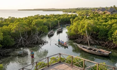 A dynamic horizontal documentary photograph capturing the unique natural environment of the Michamvi Peninsula, Zanzibar, during the warm golden hour before sunset. It features sprawling mangrove forests with complex submerged root systems and shallow reflective channels, multiple traditional weathered wooden dhow boats and smaller outrigger canoes navigating the narrow winding water tunnels, reduced in size. A small guided tour canoe with international travelers is guided by a local captain. A local woman tends to traditional fishing near rustic eco-lodges with palm-thatch roofs under mature coastal green. Natural golden hour light.