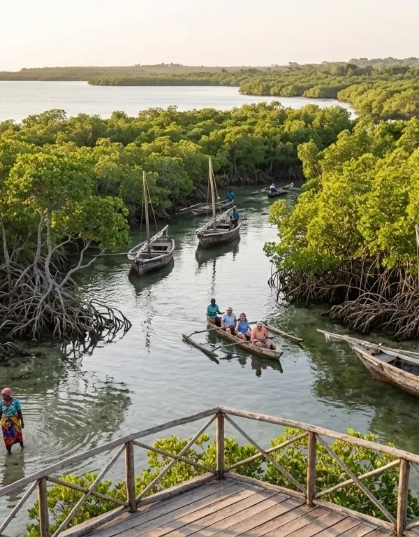 A dynamic horizontal documentary photograph capturing the unique natural environment of the Michamvi Peninsula, Zanzibar, during the warm golden hour before sunset. It features sprawling mangrove forests with complex submerged root systems and shallow reflective channels, multiple traditional weathered wooden dhow boats and smaller outrigger canoes navigating the narrow winding water tunnels, reduced in size. A small guided tour canoe with international travelers is guided by a local captain. A local woman tends to traditional fishing near rustic eco-lodges with palm-thatch roofs under mature coastal green. Natural golden hour light.