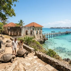 A dynamic horizontal documentary photograph capturing the unique historical and natural environment of Prison Island (Changuu), off the coast of Stone Town, Zanzibar, during a bright afternoon. It features massive Aldabra Giant Tortoises, weathered coral-rag limestone ruins with arched windows and tile roofs, a long wooden pier over shallow crystal-clear turquoise water, anchored traditional dhow boats, dense coastal vegetation, and the distant Stone Town skyline. Natural daylight filters through trees.