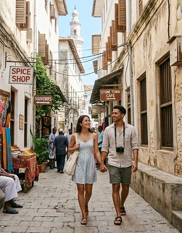 A high-resolution candid documentary photograph of a narrow, sun-drenched alleyway in Stone Town, Zanzibar, featuring traditional coral-rag limestone buildings, an intricate hand-carved teak Zanzibar door, and a local resident walking past a small spice shop, capturing the authentic UNESCO World Heritage atmosphere.