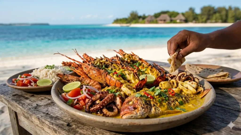 Zanzibar Mnemba IslandFresh Seafood Lunch Image.