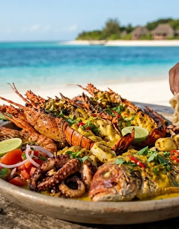 Zanzibar Mnemba IslandFresh Seafood Lunch Image.